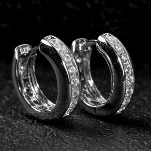 One Row Iced Cz White Gold  Small Hoop Earrings